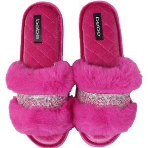NIB NEW Bebe Crystal Sparkle Hot Pink Fur Quilted Slippers Barbiecore Y2K Bling